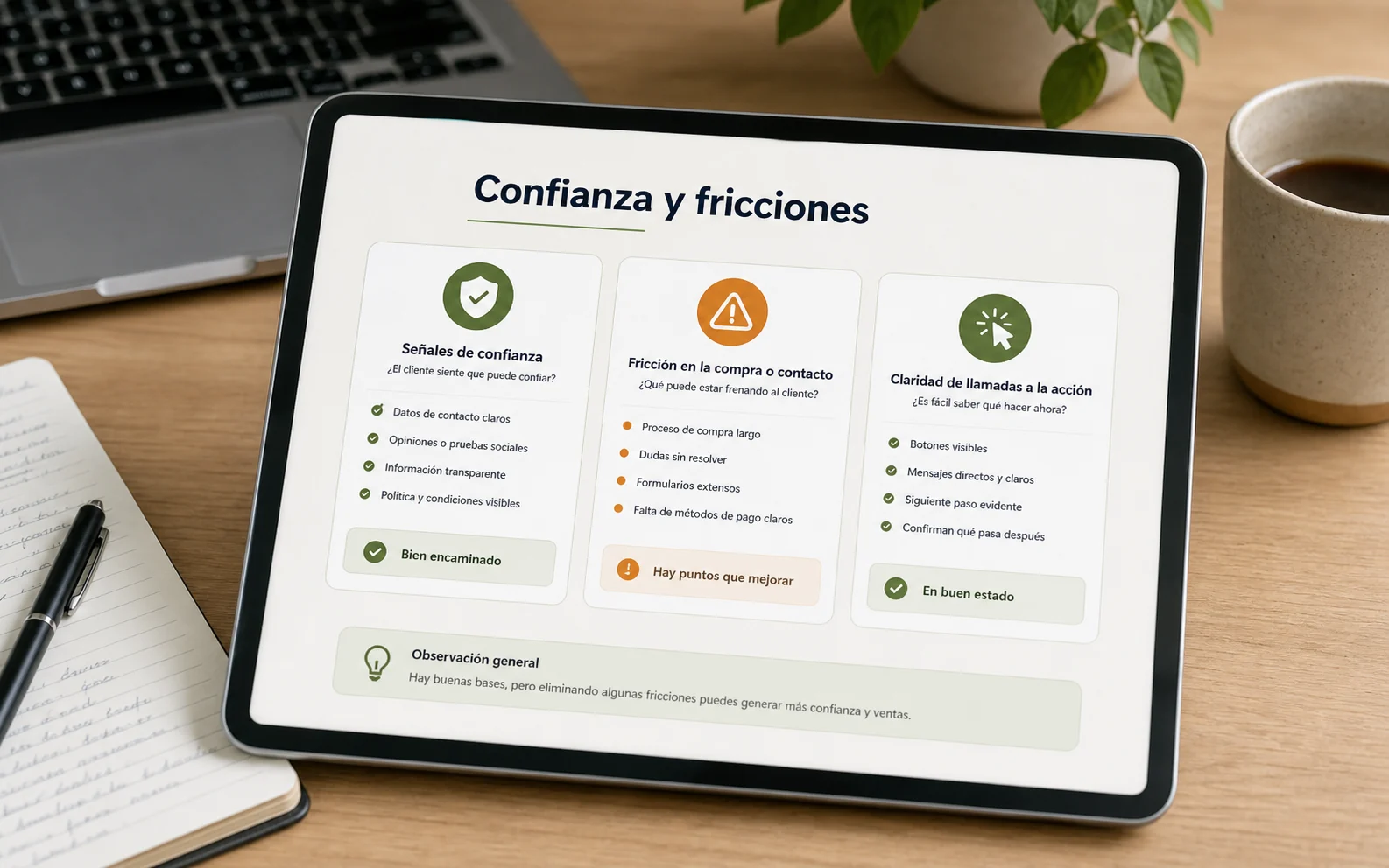 Documento de diagnóstico con señales de confianza y fricciones.
