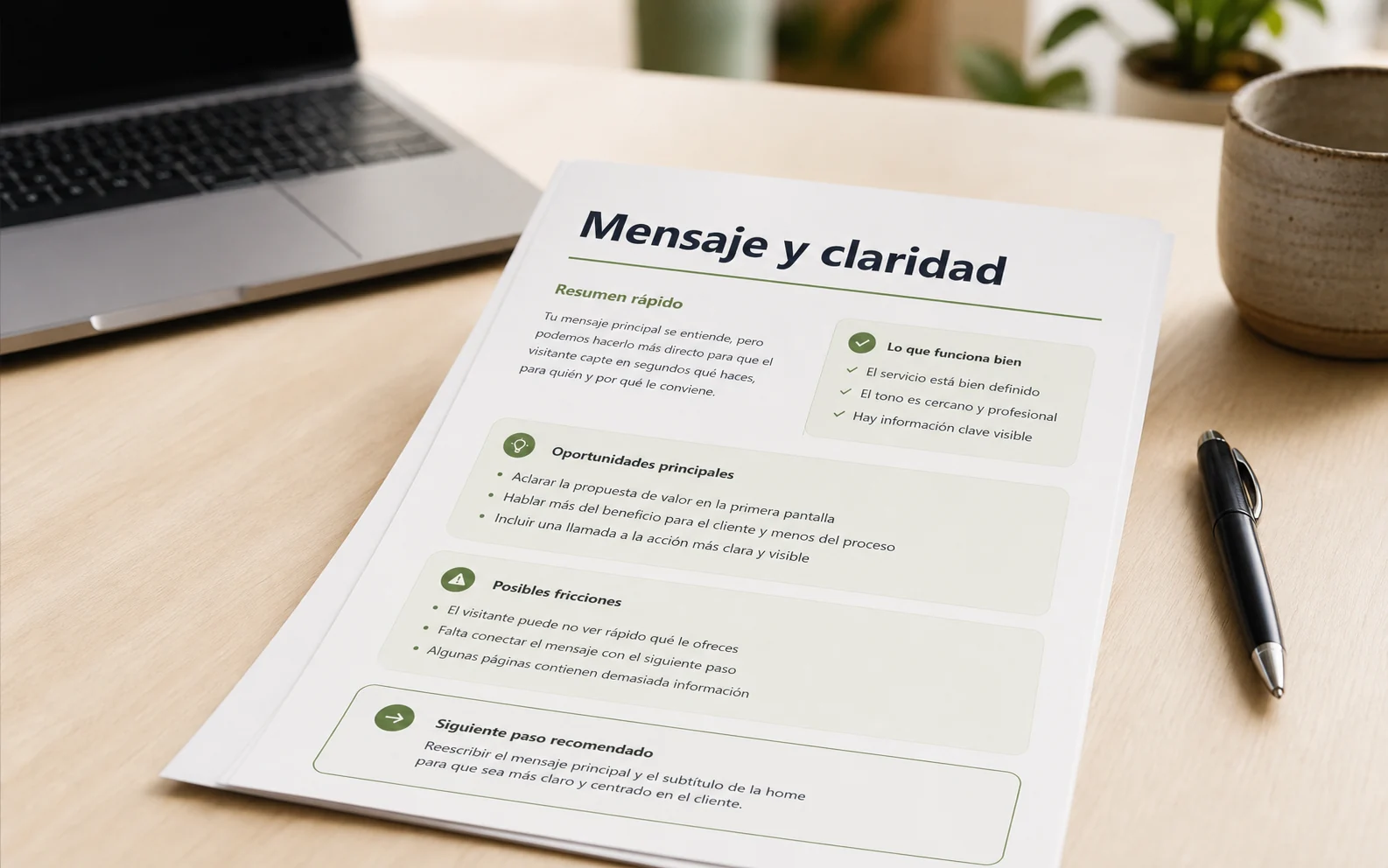 Documento de diagnóstico con revisión de mensaje y claridad.