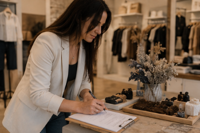 Tamara revisando documentación en una tienda física.