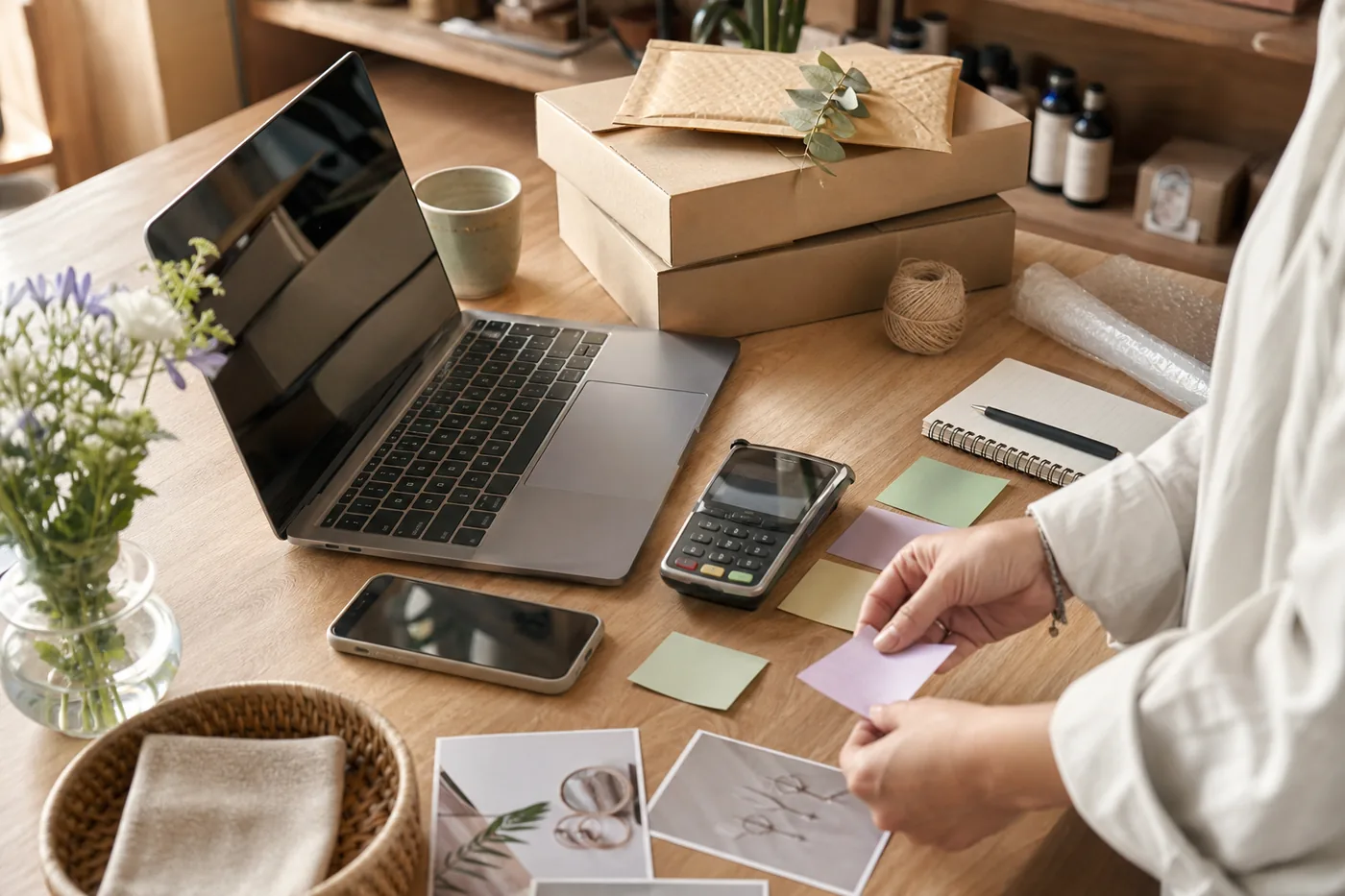 Mostrador con herramientas, notas y tareas de negocio sin ordenar