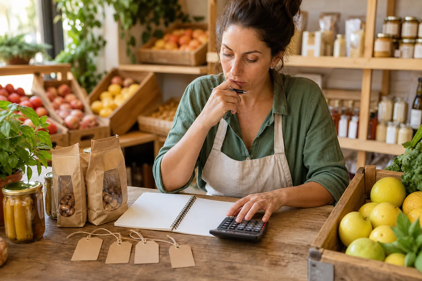 Comerciante revisando precios y ofertas con una calculadora en el mostrador.