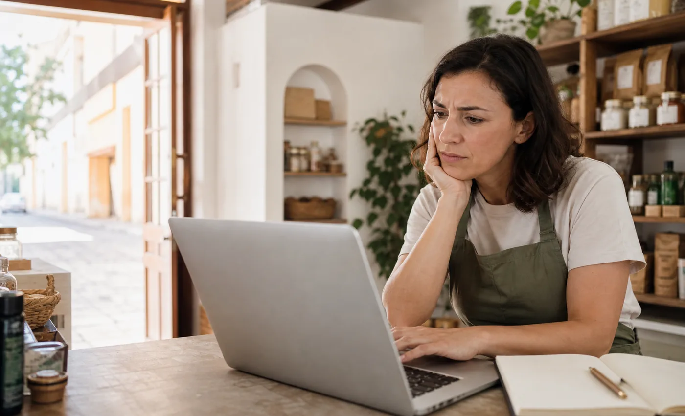 Dueña de un pequeño negocio revisando su web en un portátil con gesto de duda.